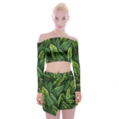 Green Leaves Off Shoulder Top With Mini Skirt Set by goljakoff