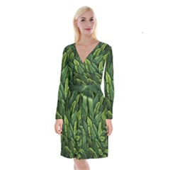 Green Leaves Long Sleeve Velvet Front Wrap Dress by goljakoff