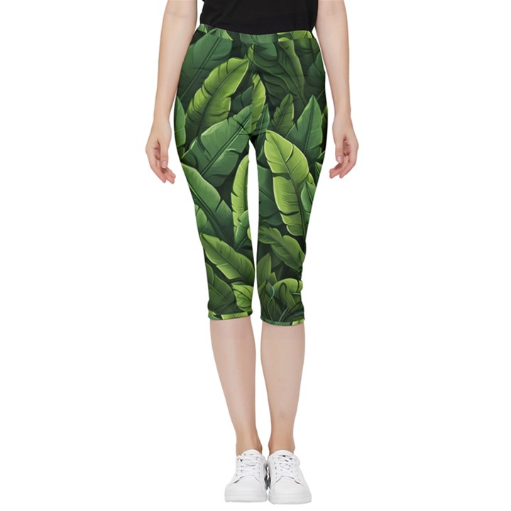 Green leaves Inside Out Lightweight Velour Capri Leggings 