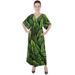 Green Leaves V-neck Boho Style Maxi Dress by goljakoff