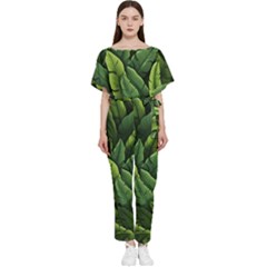 Green Leaves Batwing Lightweight Chiffon Jumpsuit by goljakoff