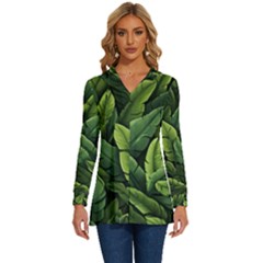 Green Leaves Long Sleeve Drawstring Hooded Top by goljakoff