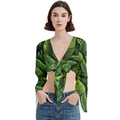 Green Leaves Trumpet Sleeve Cropped Top