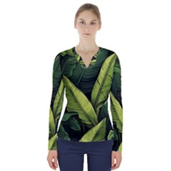 Banana Leaves Pattern V-neck Long Sleeve Top by goljakoff