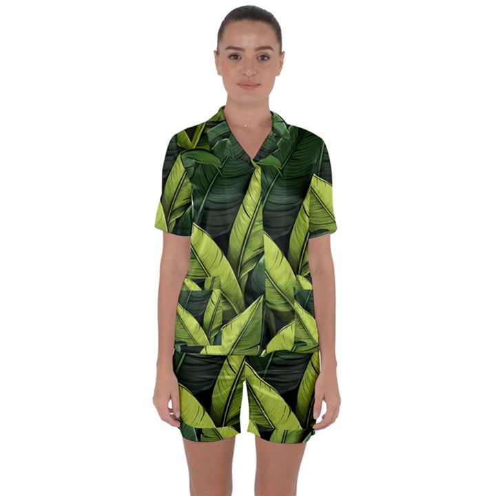 Banana leaves pattern Satin Short Sleeve Pajamas Set