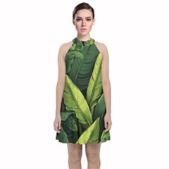 Banana Leaves Pattern Velvet Halter Neckline Dress 