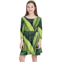 Banana Leaves Pattern Kids  Quarter Sleeve Skater Dress by goljakoff