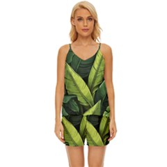 Banana Leaves Pattern V-neck Satin Pajamas Set by goljakoff