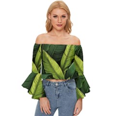 Banana Leaves Pattern Off Shoulder Flutter Bell Sleeve Top