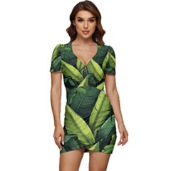 Banana Leaves Pattern Low Cut Cap Sleeve Mini Dress by goljakoff