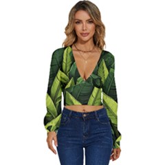 Banana Leaves Pattern Long Sleeve Deep-v Velour Top by goljakoff