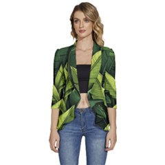 Banana Leaves Pattern Women s 3/4 Sleeve Ruffle Edge Open Front Jacket by goljakoff