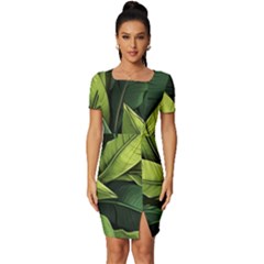 Banana Leaves Pattern Fitted Knot Split End Bodycon Dress by goljakoff