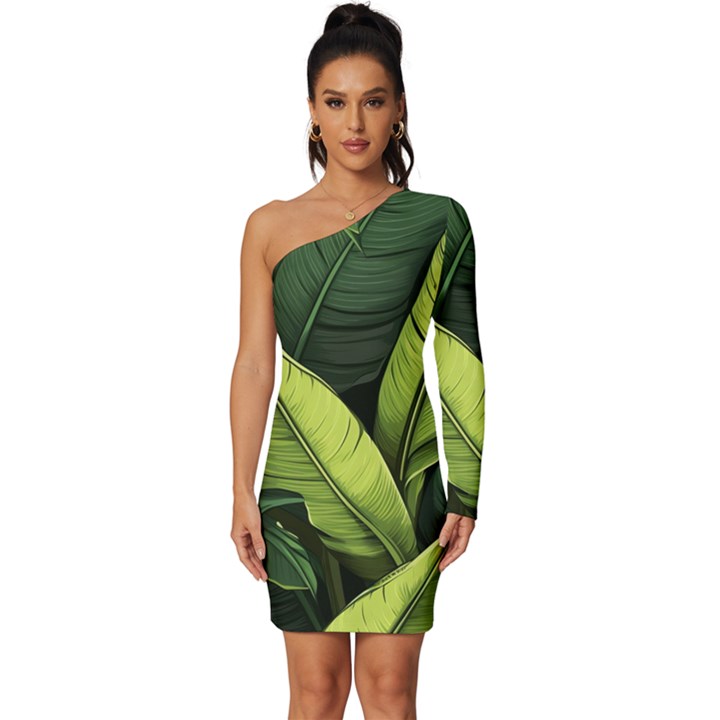 Banana leaves pattern Long Sleeve One Shoulder Mini Dress