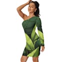 Banana leaves pattern Long Sleeve One Shoulder Mini Dress View2