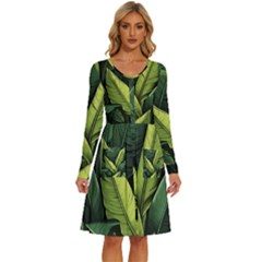 Banana Leaves Pattern Long Sleeve Dress With Pocket by goljakoff