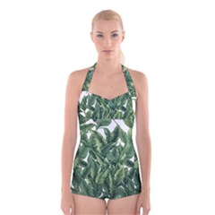 Tropical Leaves Boyleg Halter Swimsuit  by goljakoff