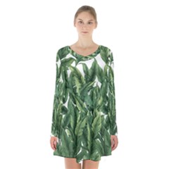 Tropical Leaves Long Sleeve Velvet V-neck Dress by goljakoff