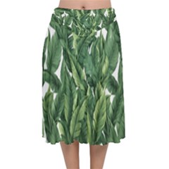 Tropical Leaves Velvet Flared Midi Skirt