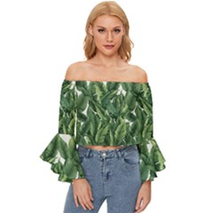 Tropical Leaves Off Shoulder Flutter Bell Sleeve Top