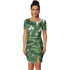 Tropical Leaves Fitted Knot Split End Bodycon Dress