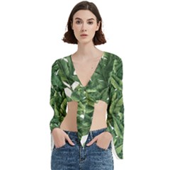 Tropical Leaves Trumpet Sleeve Cropped Top