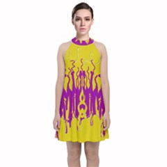 Yellow And Purple In Harmony Velvet Halter Neckline Dress 