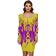 Yellow And Purple In Harmony Women Long Sleeve Ruched Stretch Jersey Dress by pepitasart