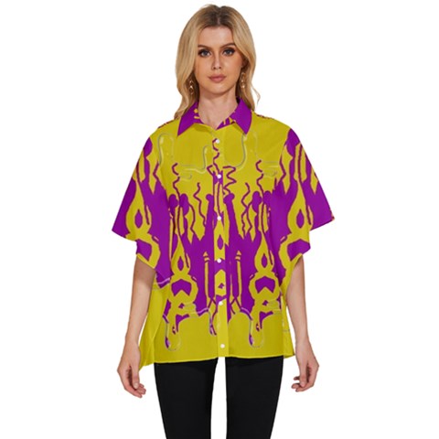 Yellow And Purple In Harmony Women s Batwing Button Up Shirt by pepitasart