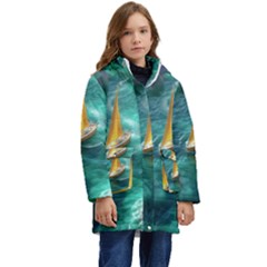 Lion King Of The Jungle Nature Kids  Hooded Longline Puffer Jacket by Cemarart