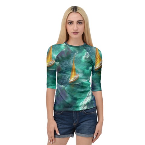 Mountain Wolf Tree Nature Moon Quarter Sleeve Raglan T-shirt by Cemarart