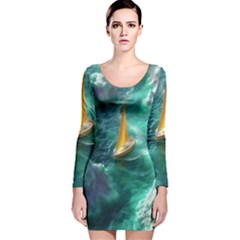 Mountain Wolf Tree Nature Moon Long Sleeve Velvet Bodycon Dress by Cemarart