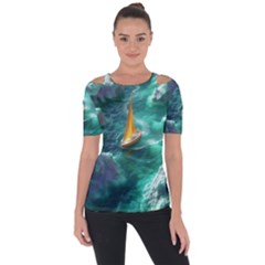 Mountain Wolf Tree Nature Moon Shoulder Cut Out Short Sleeve Top by Cemarart