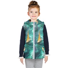 Mountain Wolf Tree Nature Moon Kids  Hooded Puffer Vest by Cemarart