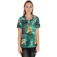 Mountain Wolf Tree Nature Moon Women s V-neck Scrub Top by Cemarart