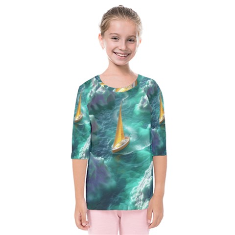 Mountain Birds River Sunset Nature Kids  Quarter Sleeve Raglan T-shirt by Cemarart