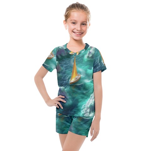 Mountain Wolf Tree Nature Moon Kids  Mesh T-shirt And Shorts Set by Cemarart