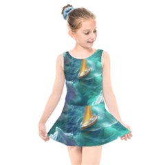 Mountain Wolf Tree Nature Moon Kids  Skater Dress Swimsuit by Cemarart