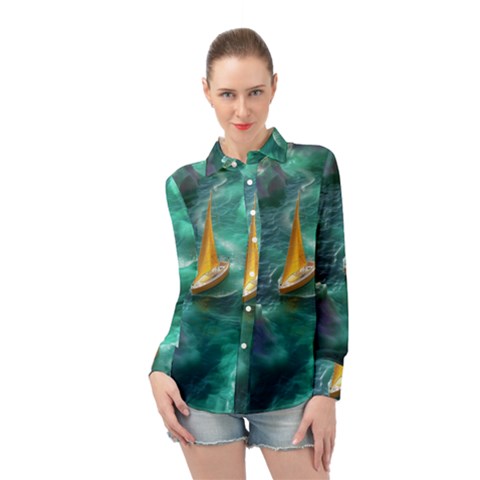 Mountain Wolf Tree Nature Moon Long Sleeve Chiffon Shirt by Cemarart