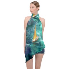 Mountain Wolf Tree Nature Moon Halter Asymmetric Satin Top by Cemarart