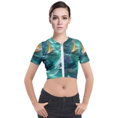 Mountain Wolf Tree Nature Moon Short Sleeve Cropped Jacket by Cemarart