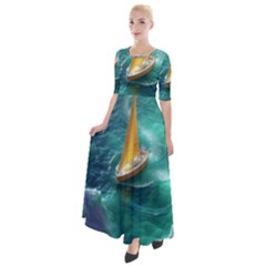 Mountain Wolf Tree Nature Moon Half Sleeves Maxi Dress by Cemarart