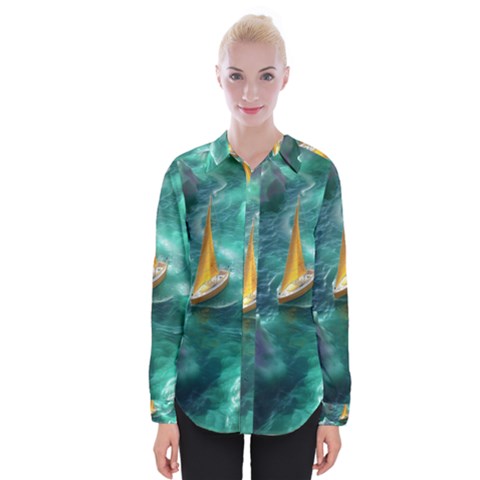 Mountain Birds River Sunset Nature Womens Long Sleeve Shirt by Cemarart