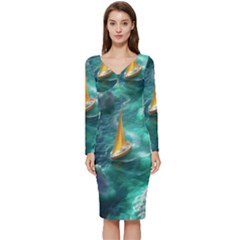 Lion King Of The Jungle Nature Long Sleeve V-neck Bodycon Dress  by Cemarart