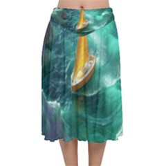 Mountain Birds River Sunset Nature Velvet Flared Midi Skirt