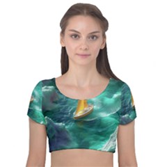 Mountain Birds River Sunset Nature Velvet Short Sleeve Crop Top  by Cemarart