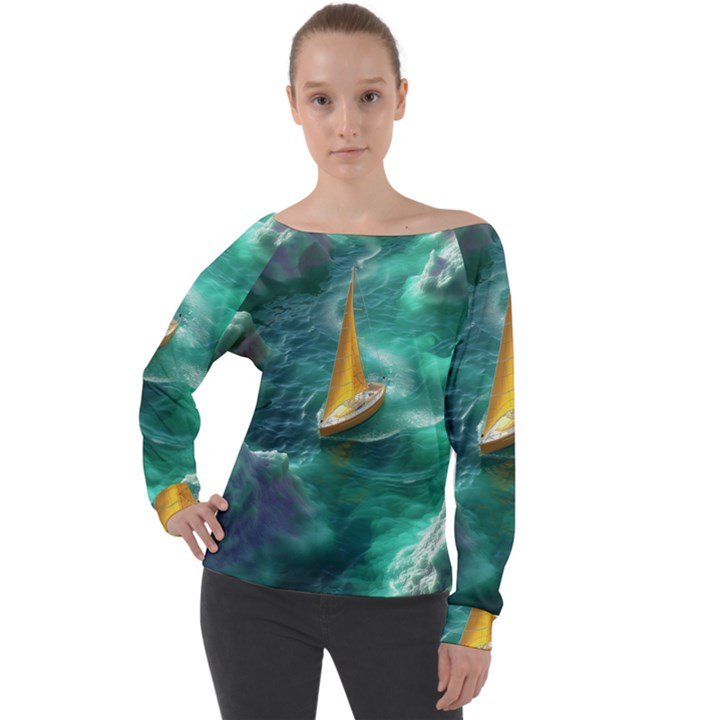 Mountain Birds River Sunset Nature Off Shoulder Long Sleeve Velour Top