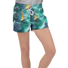 Mountain Birds River Sunset Nature Women s Velour Lounge Shorts by Cemarart