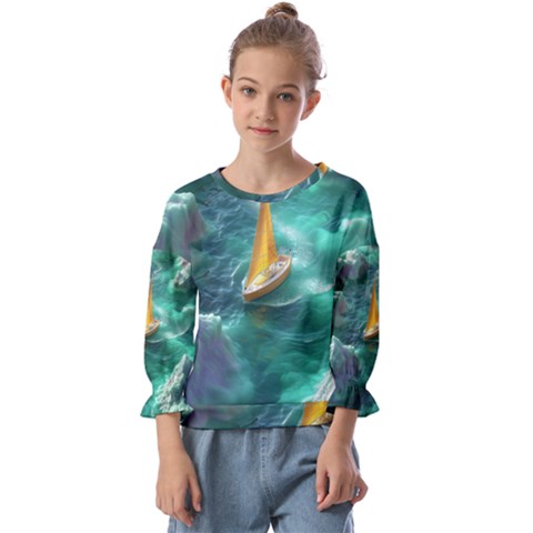 Mountain Wolf Tree Nature Moon Kids  Cuff Sleeve Top by Cemarart