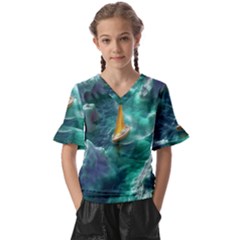 Mountain Wolf Tree Nature Moon Kids  V-neck Horn Sleeve Blouse by Cemarart